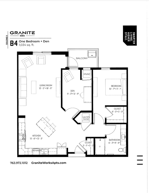 Floor plan for 1 bed, 1 bath, 1034 sqft